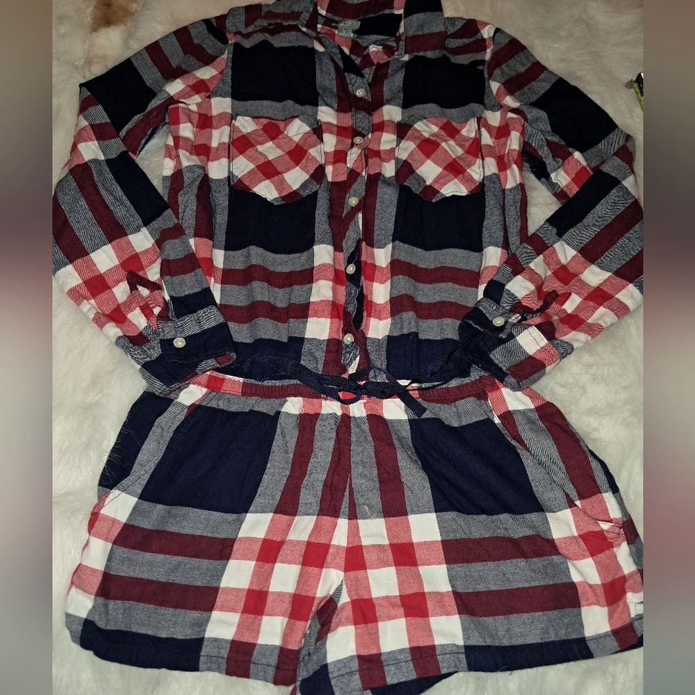 Aerie Plaid Romper- Red and Blue